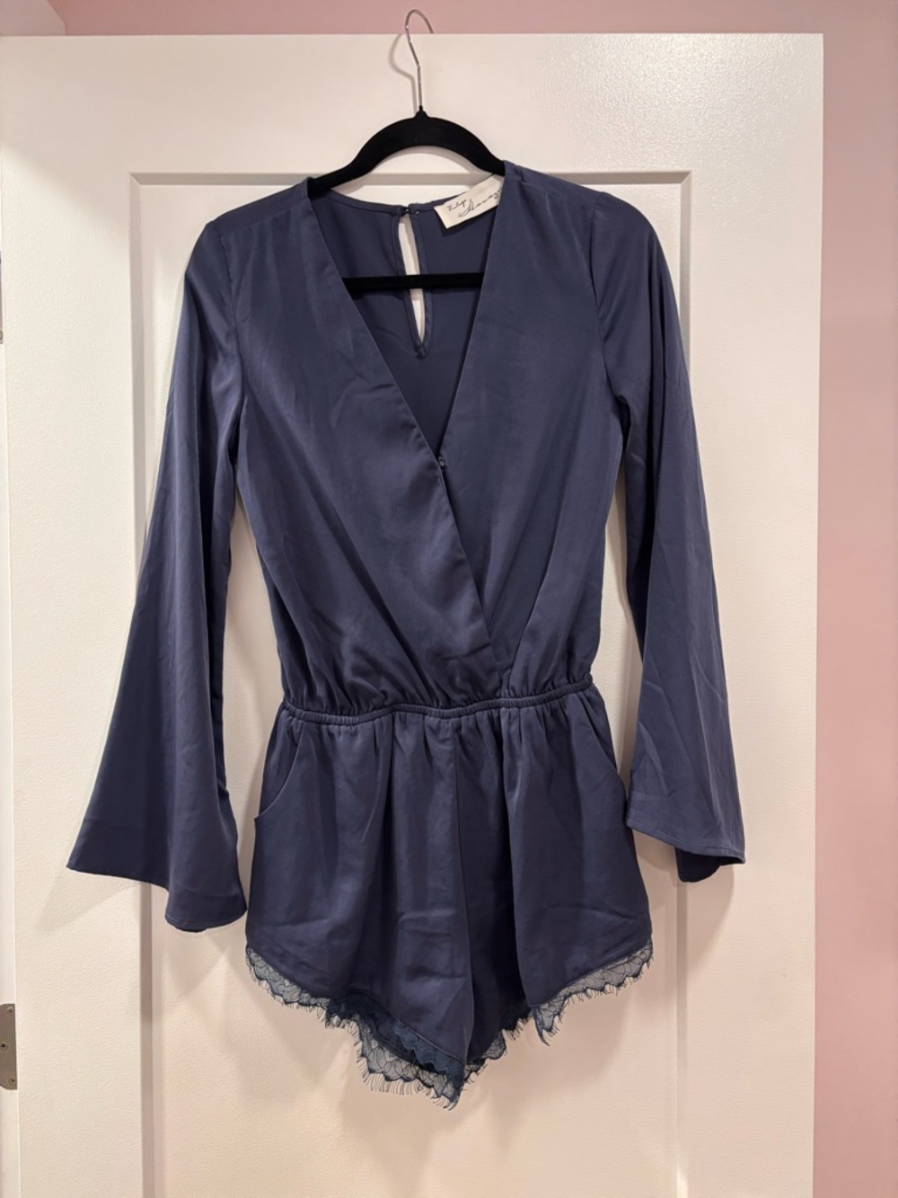 Vintage Havana Blue Long-Sleeve Lace Trim Romper